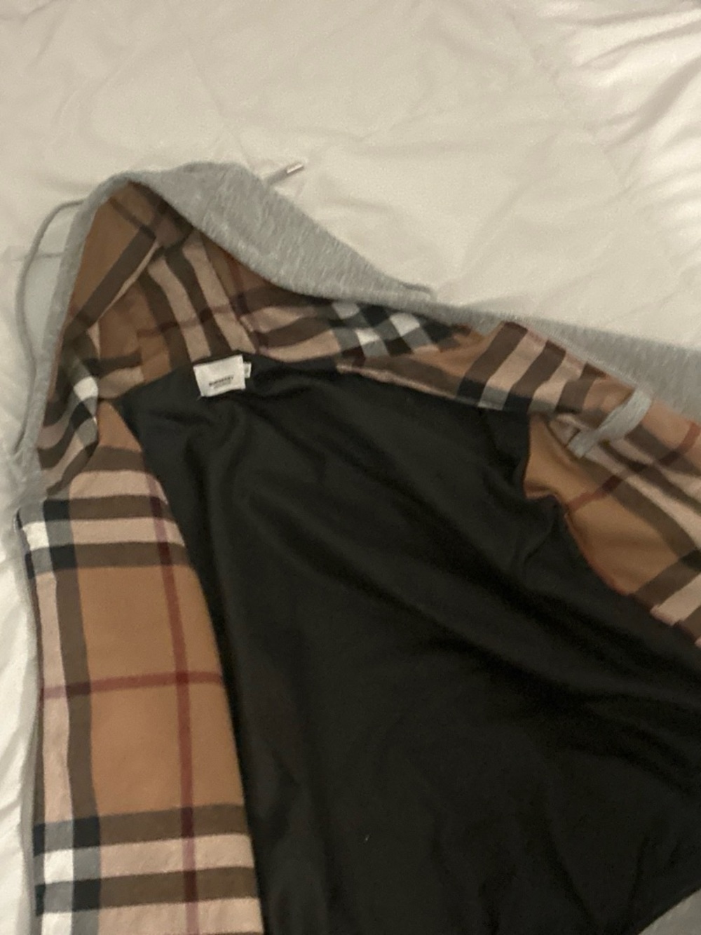 Burberry Grey Hooded Jacket with Classic Tan Plaid Lining